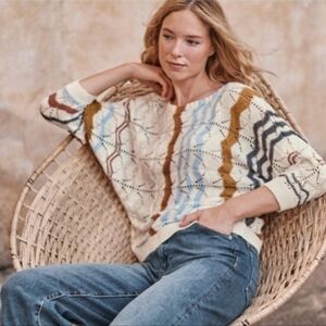 Garnet Hill Pointelle Sweater Sz L Multicolor Dolman Sleeve Linen Organic Cotton